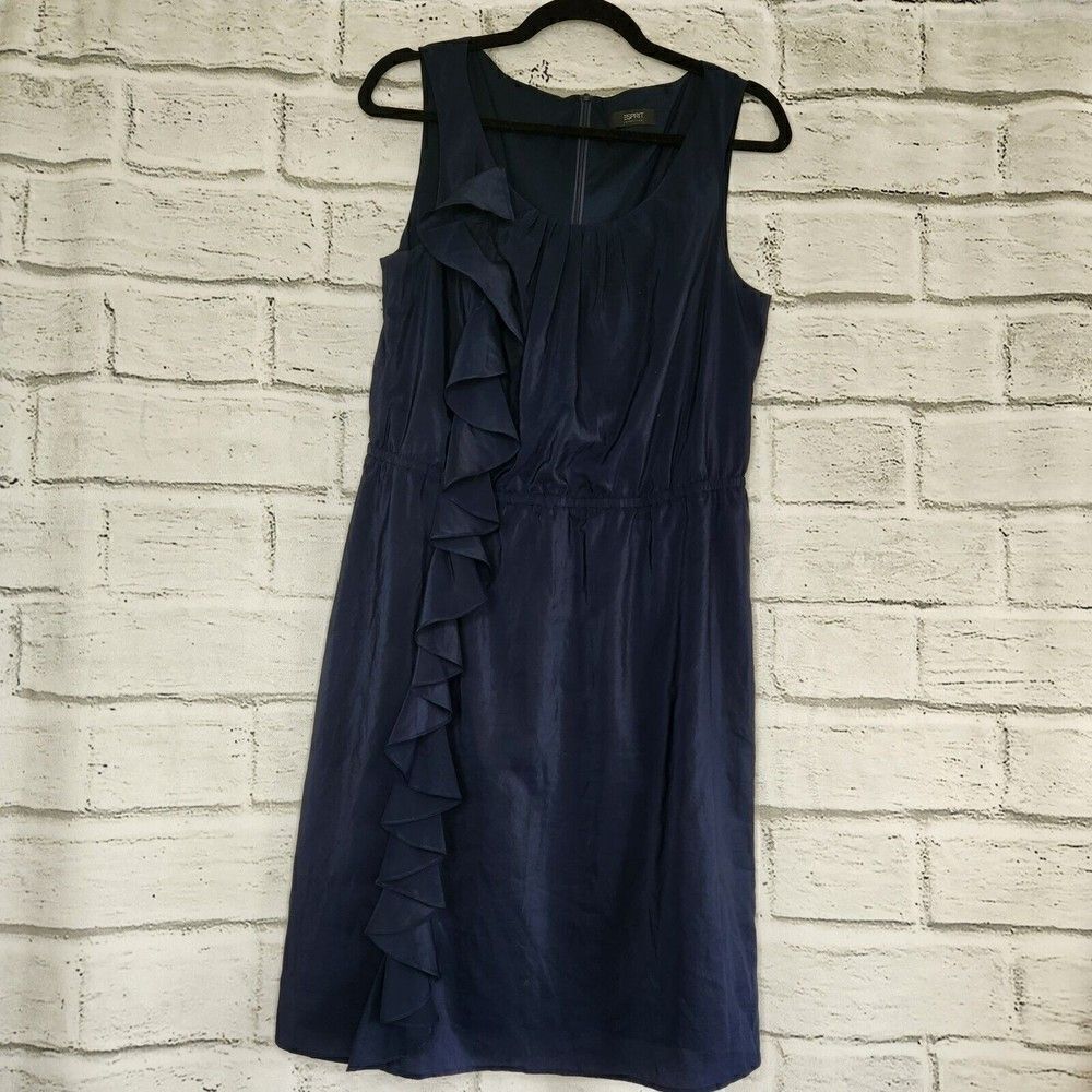 Esprit Women's Sleeveless Navy Blue Ruffle Midi Dress Size 12